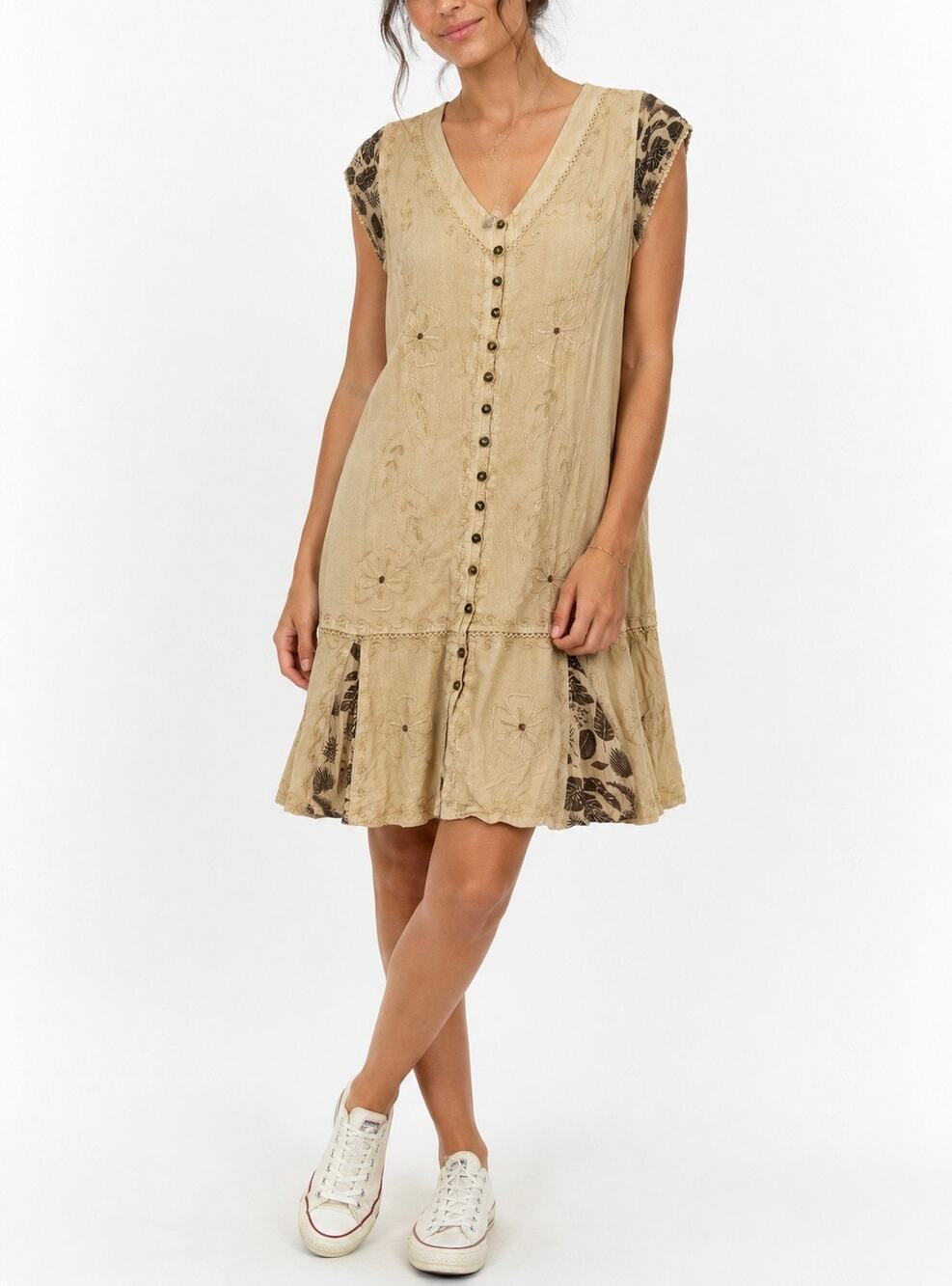 Raya Sun Women's Beige Embroidered Floral Boho Button Down Dress Size S